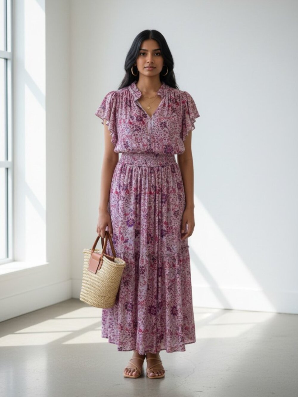Umgee NWT Pink Metallic Floral Smocked Waist Midi Dress Tiered Small